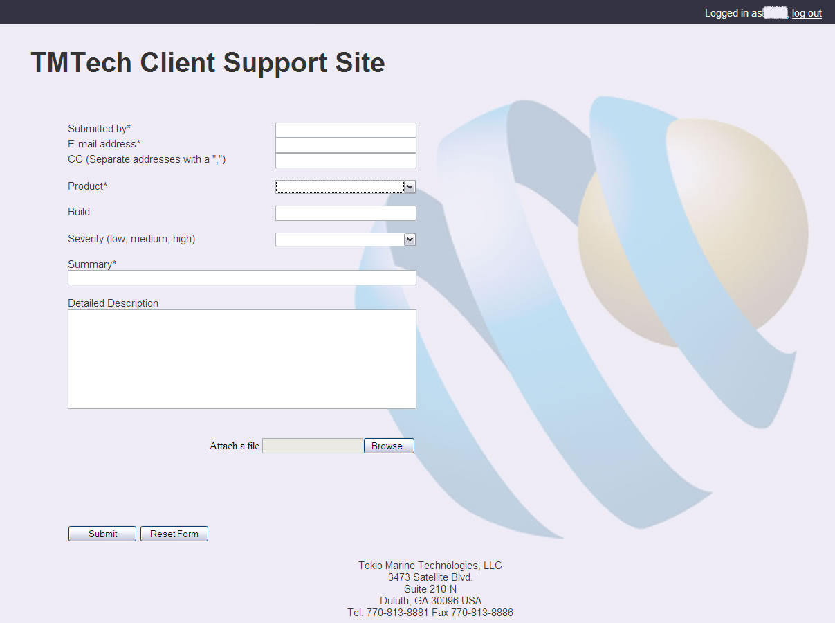 Screen shot of TMTech Support Site
